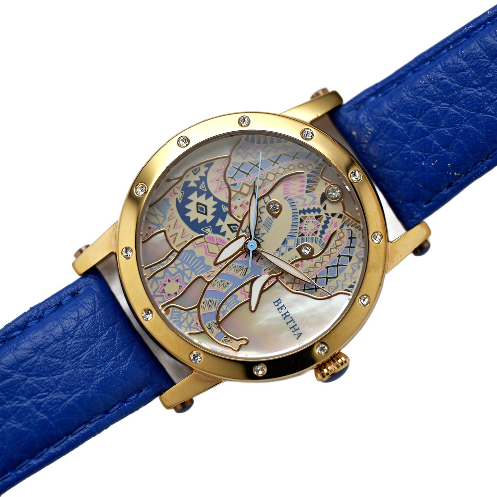 Bertha Gold Plated Mother of Pearl Wrist Watch 38mm Elephant Dial Blue Leather